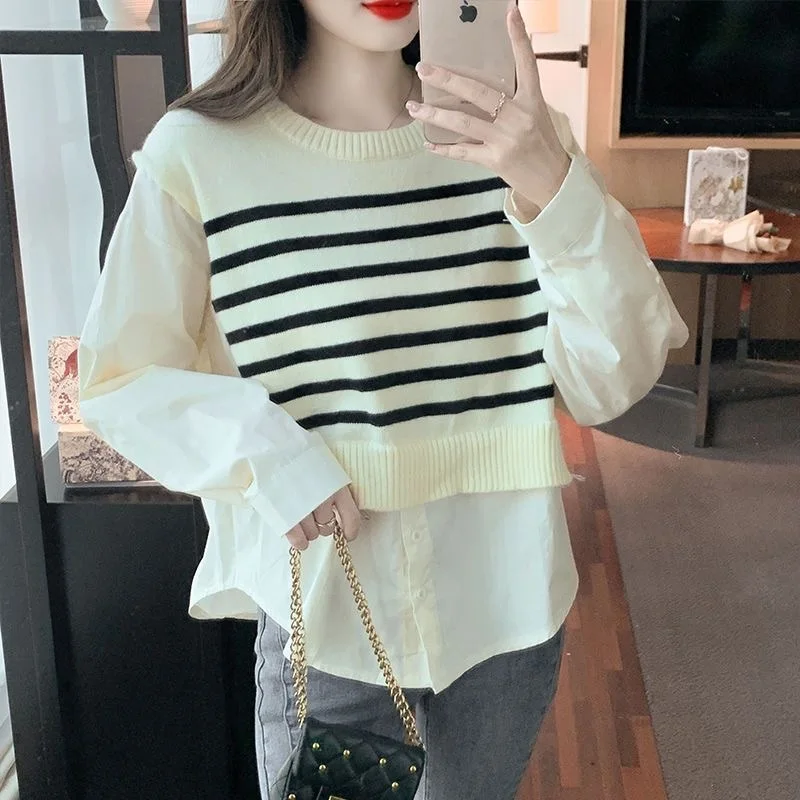 Striped Shirts Women Spliced Fake Two Pieces Spring Autumn Formal Japanese Commuting Style Chic Streetwear Aesthetic All-match