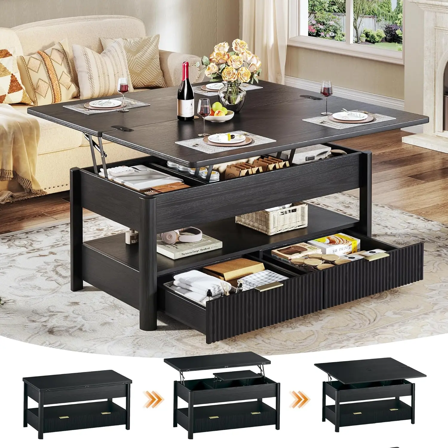 

40" Lift Top Coffee Table With Storage, 4 In 1 Square Coffee Table With Hidden Compartment & Open Shelf & 2, Customized