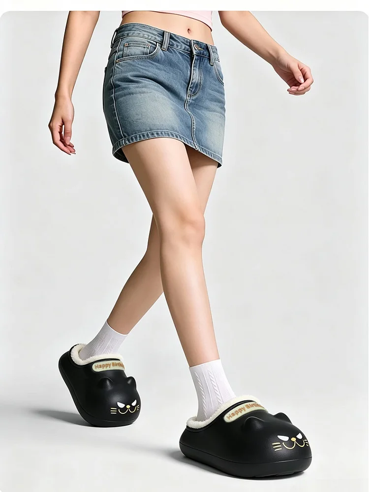Neue wasserdichte schwarze Kätzchen-Hausschuhe für Damen, niedliche Cartoon-Katzen-Pfoten-Design, Plüschsohlen-Schuhe, Damen-Kätzchen-Mules-Hausschuhe für Geburtstage – Detail 10