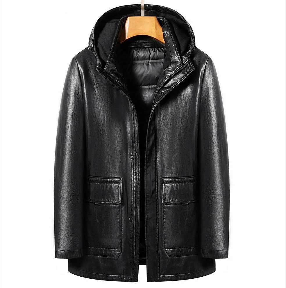 

2025 Winter Middle Aged High Grade Men's Hooded Sheepskin Leather Down Jacket Medium Long Detachable White Duck Down Liner