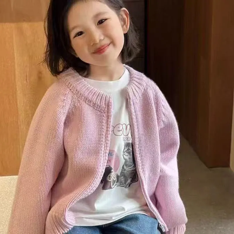 

Girls' Sweater Jacket Spring and Autumn Children's Knitted Sweater 2025 New Girl Pink Cardigan Coat 90-150CM
