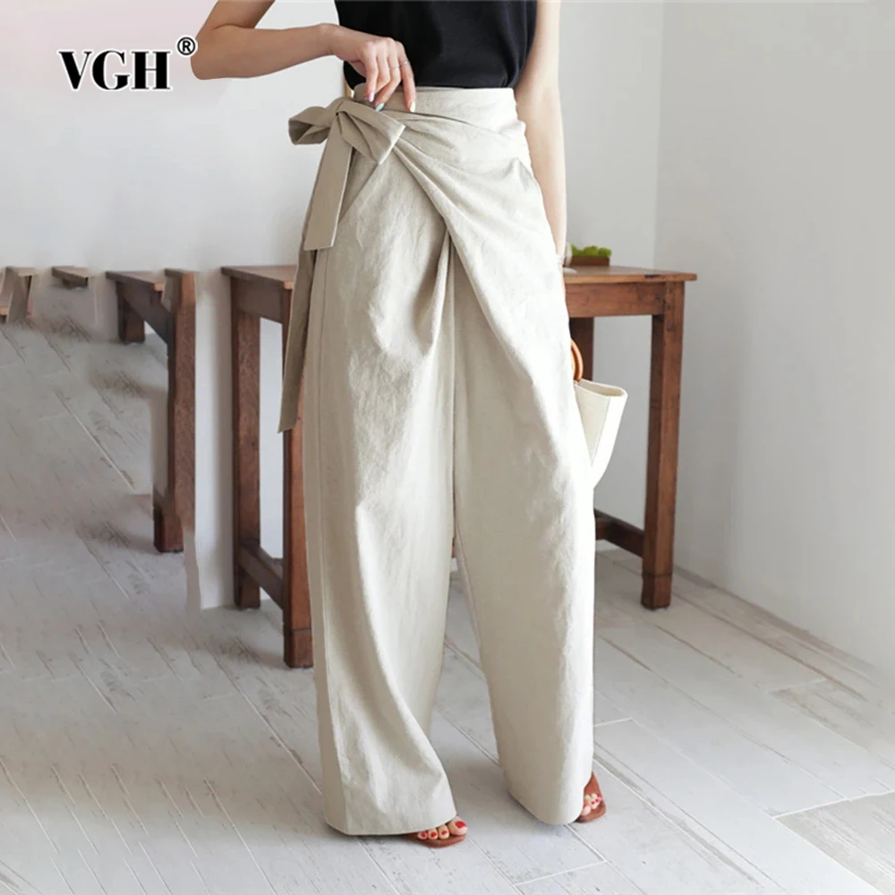 VGH Solid Patchwork Lace Up Casual Trousers For Women High Waist Minimalist Loose Wide Leg Pants Female Fashion Clothing Style