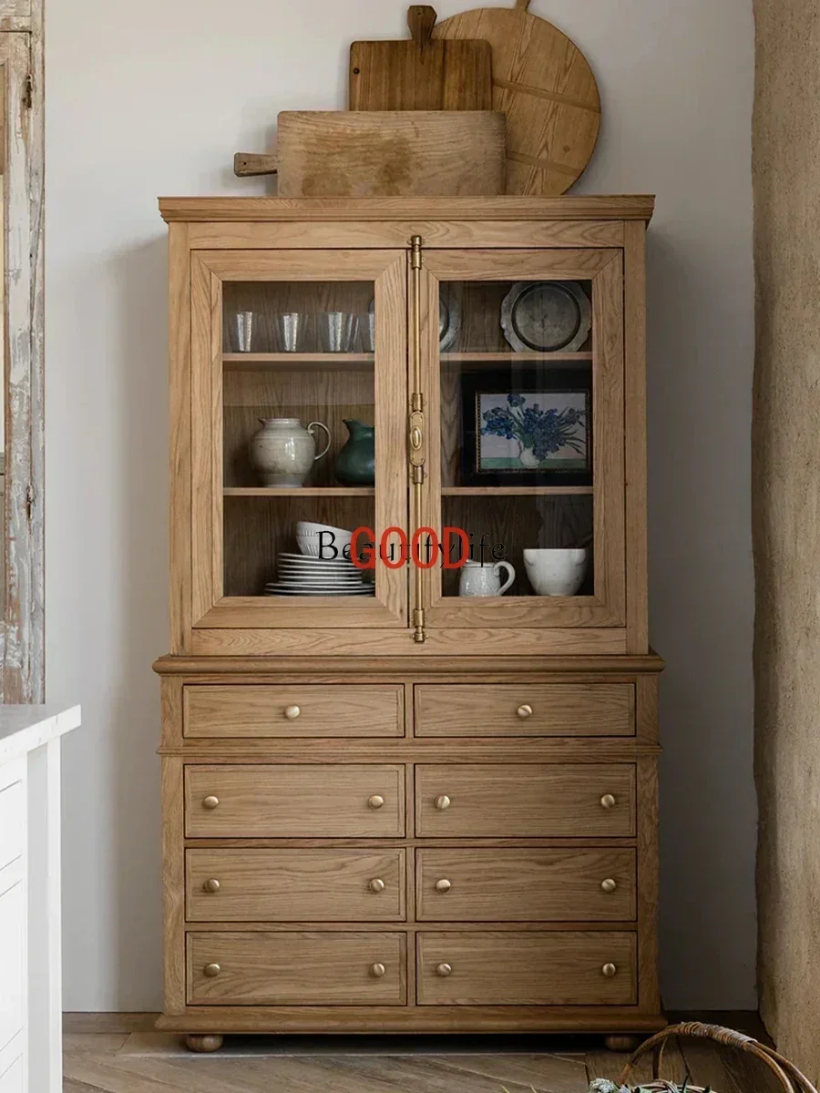 

French Retro Solid Wood Sideboard Wall Integrated Storage American Style Wine Cabinet