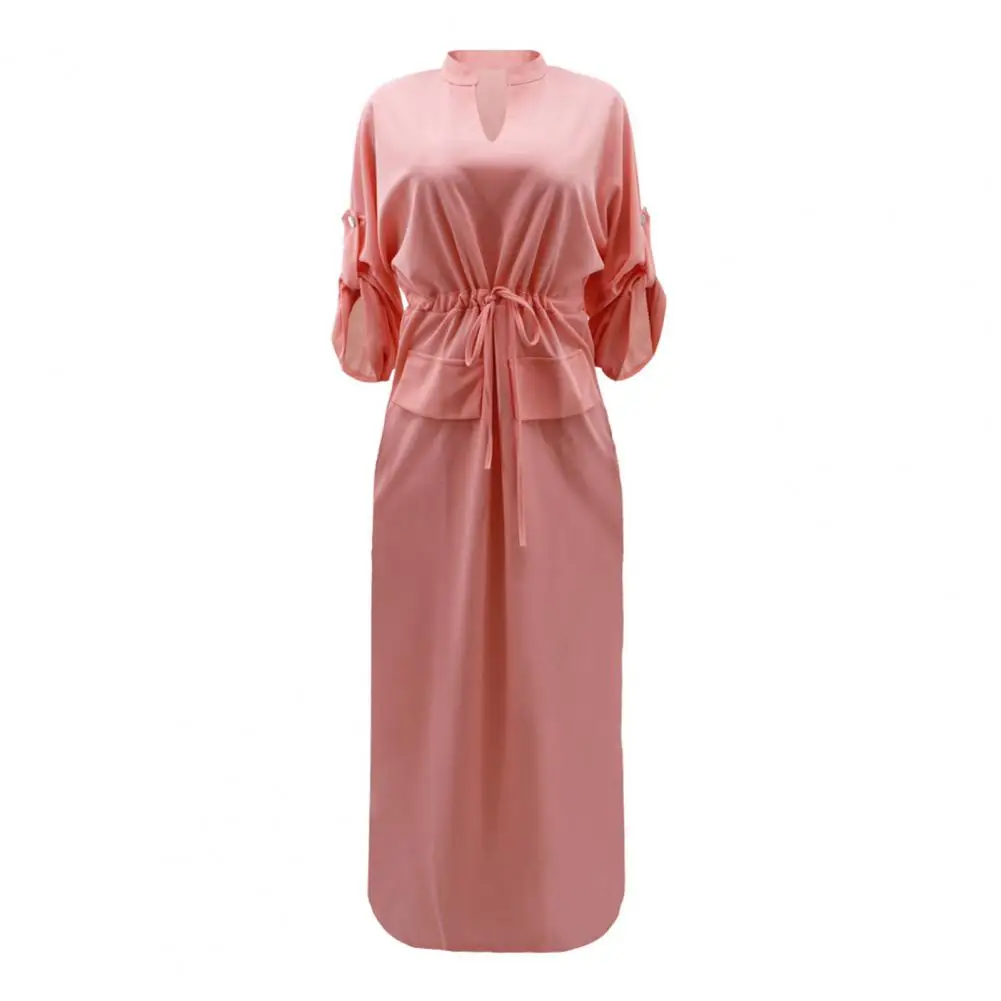 Auutmn Long Dress Elegant V Neck Maxi Dress with Drawstring Waist Side Split for Wear Commuting Dating Summer Fall Lightweight