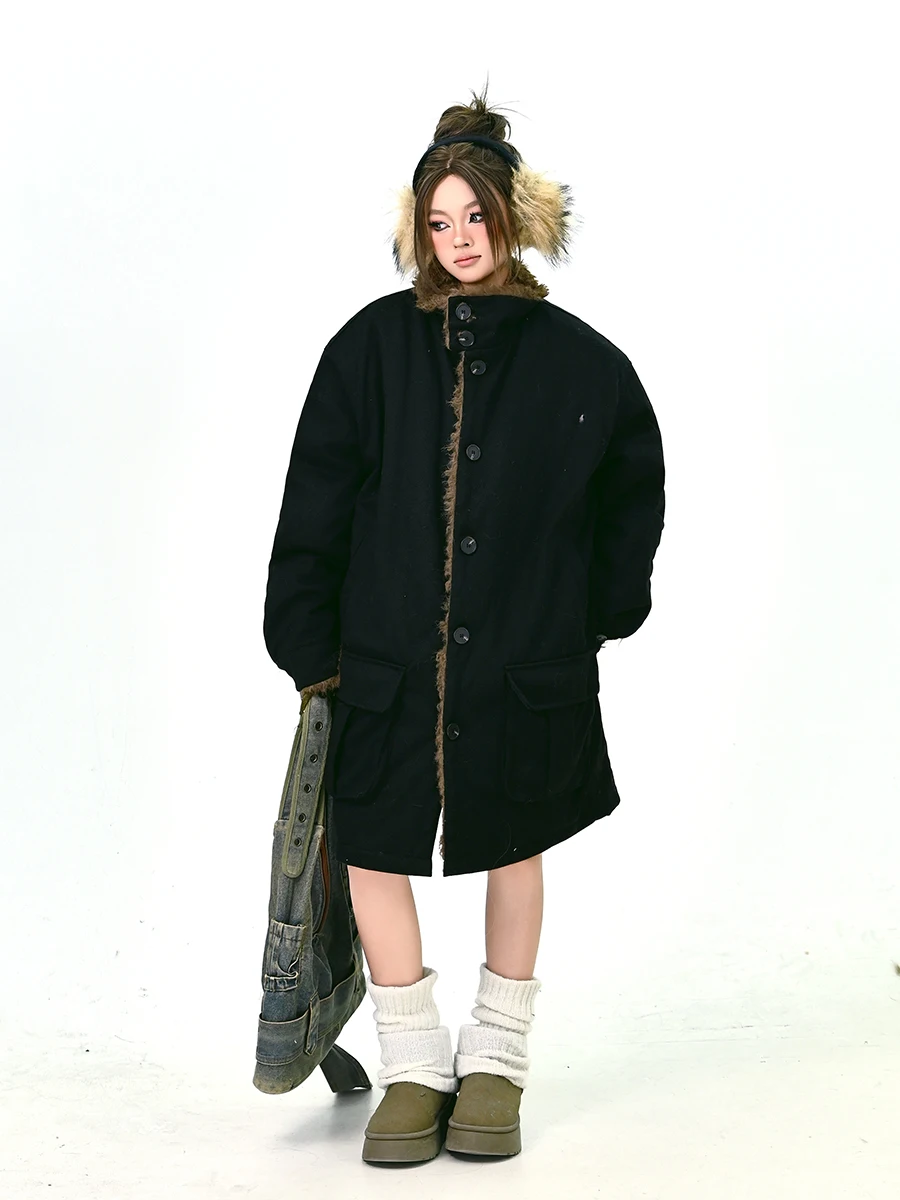 

Women's Long Jaet Collar Cotton Coat Winter New Sle American College Street Faion Loose Fit Thiened Long Sve Zipper