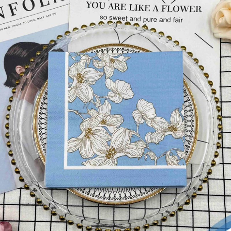 Sets de table College haut de gamme, 33x33cm, modèle floral bleu, carré, pour grill, fête, restaurant, poulet, 10/20 pièces
