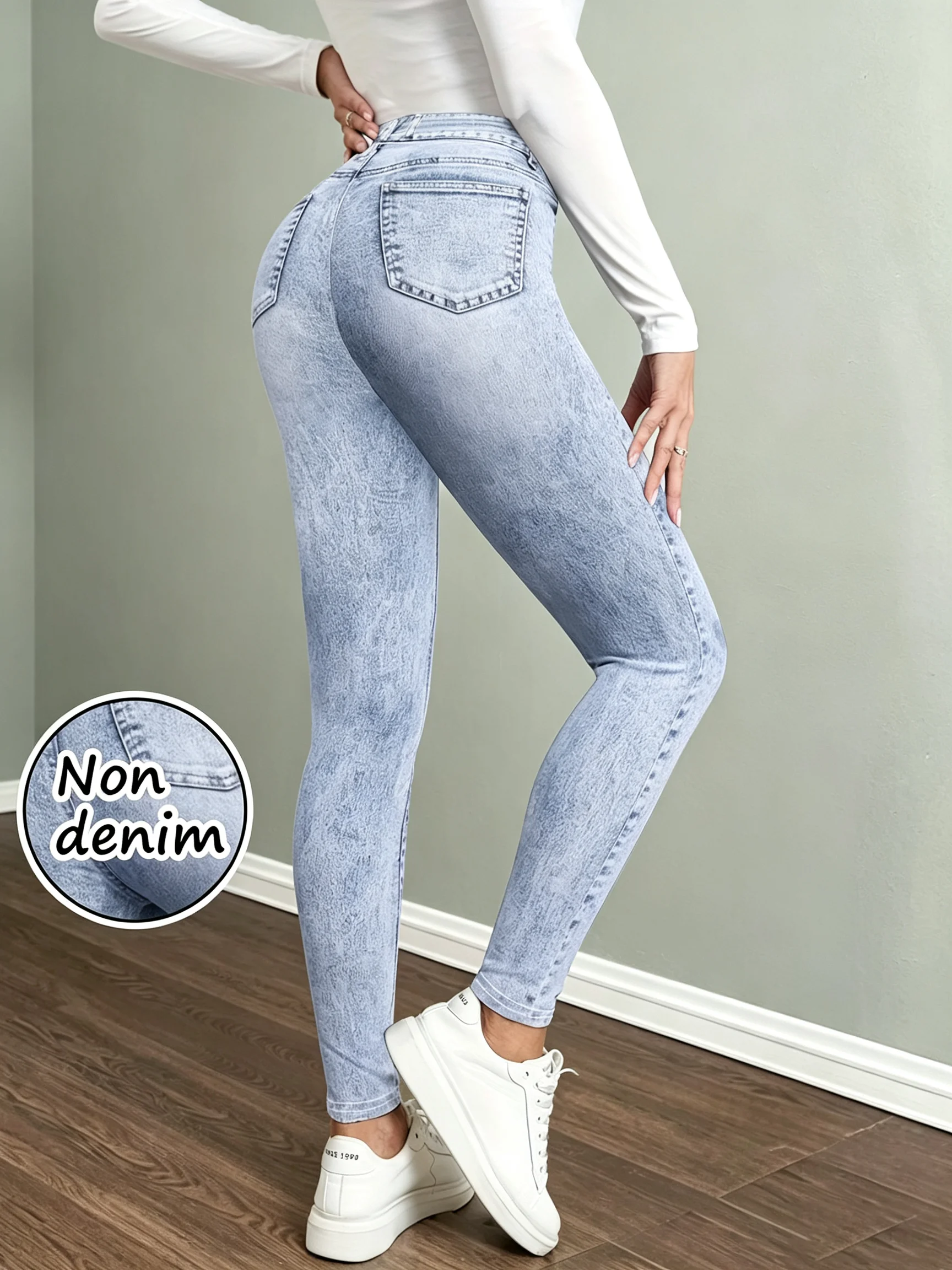Women's Imitation Denim Leggings, High waist Booty Lifting Stretchy Comfortable Tummy Control Fitness Gym Yoga Pants Daily Wear
