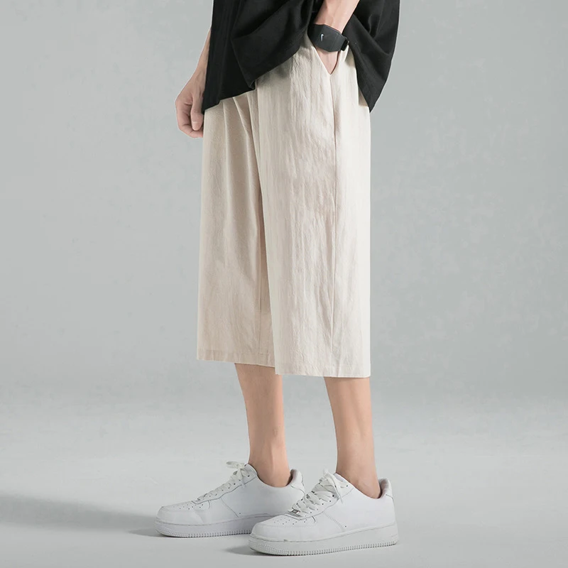 

Мужские летние повседневные пляжные брюки из хлопка и льна, тонкие, до колен, свободного кроя, больших размеров, из ледяного шелка, модные