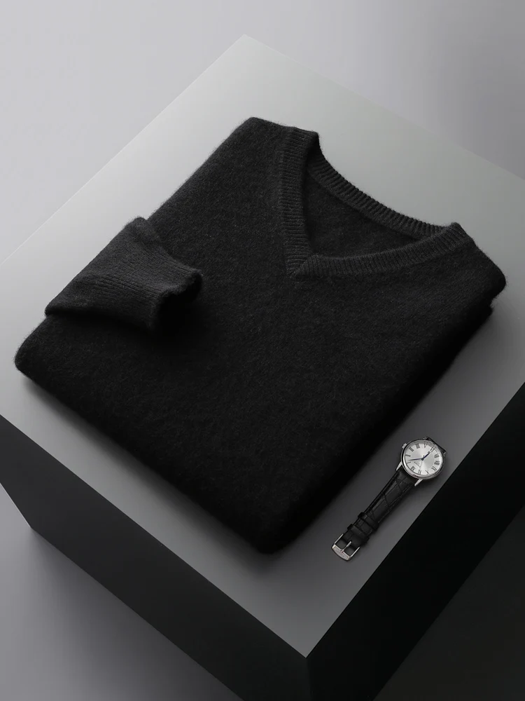 

Light Luxury Merino Wool Sweater Men's V-neck Pullovers 2024 Autumn Winter Thick Knitted Tops Casual Loose 100% Pure Wool Jacket