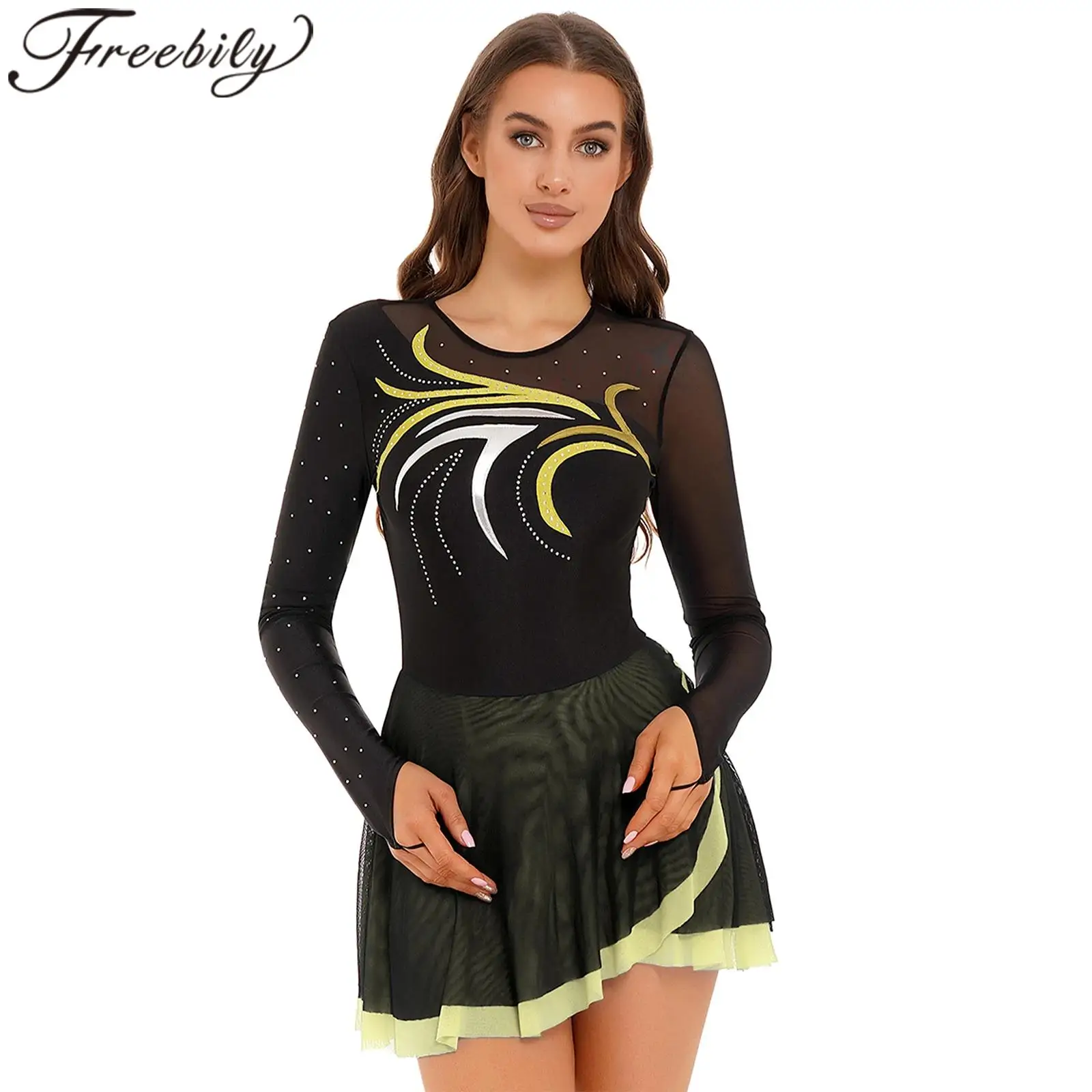 

Женские балетные платья для фигурного катания со стразами, прозрачная сетка с длинными рукавами, танцевальная одежда, трико для танцевальной гимнастики, одежда для катания на коньках