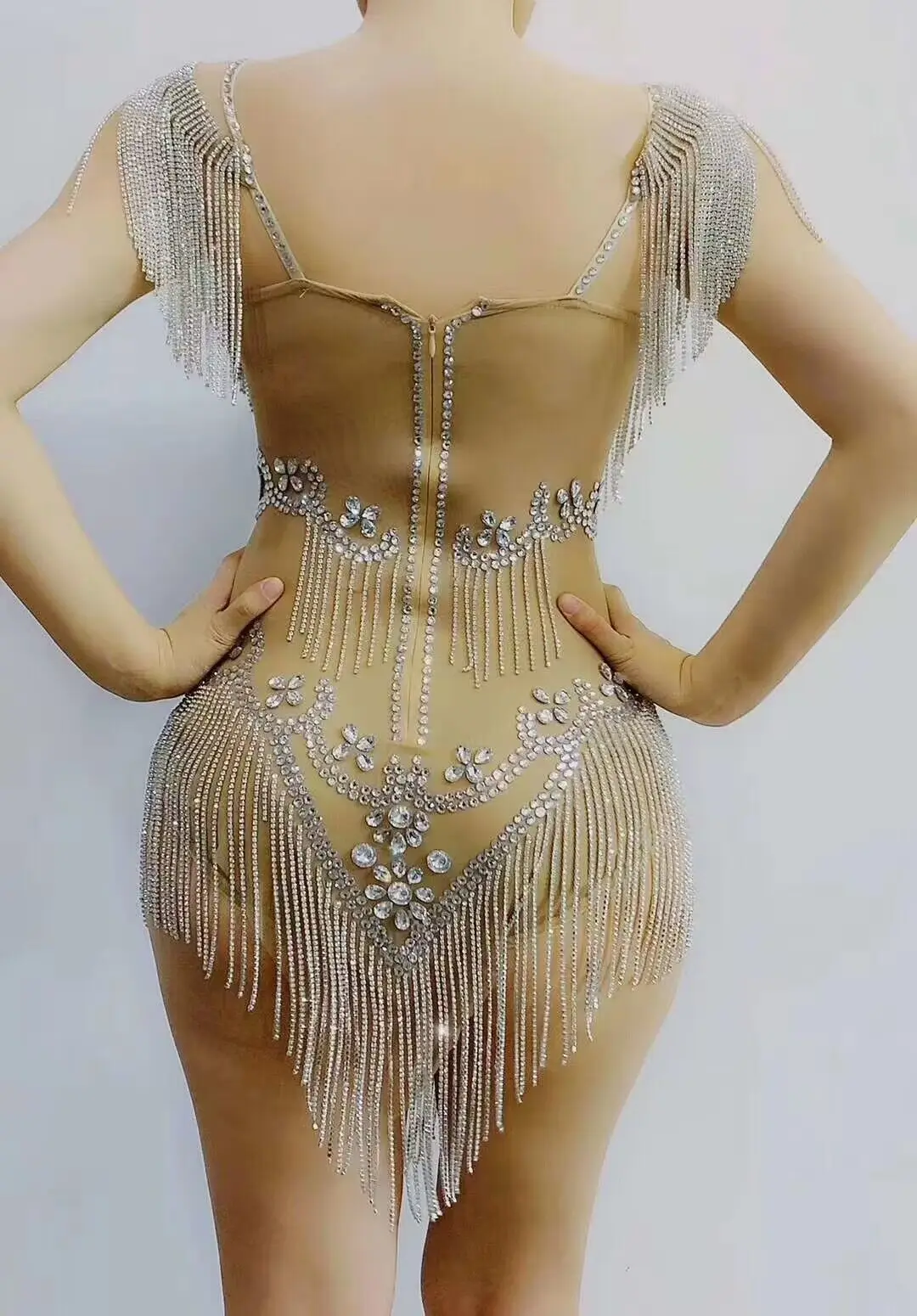 Sparkly Crystals Chain Transparent Bodysuit Women Prom Party Birthday Celebrate Outfit Sexy Nightclub Stage Wear Dance Costume