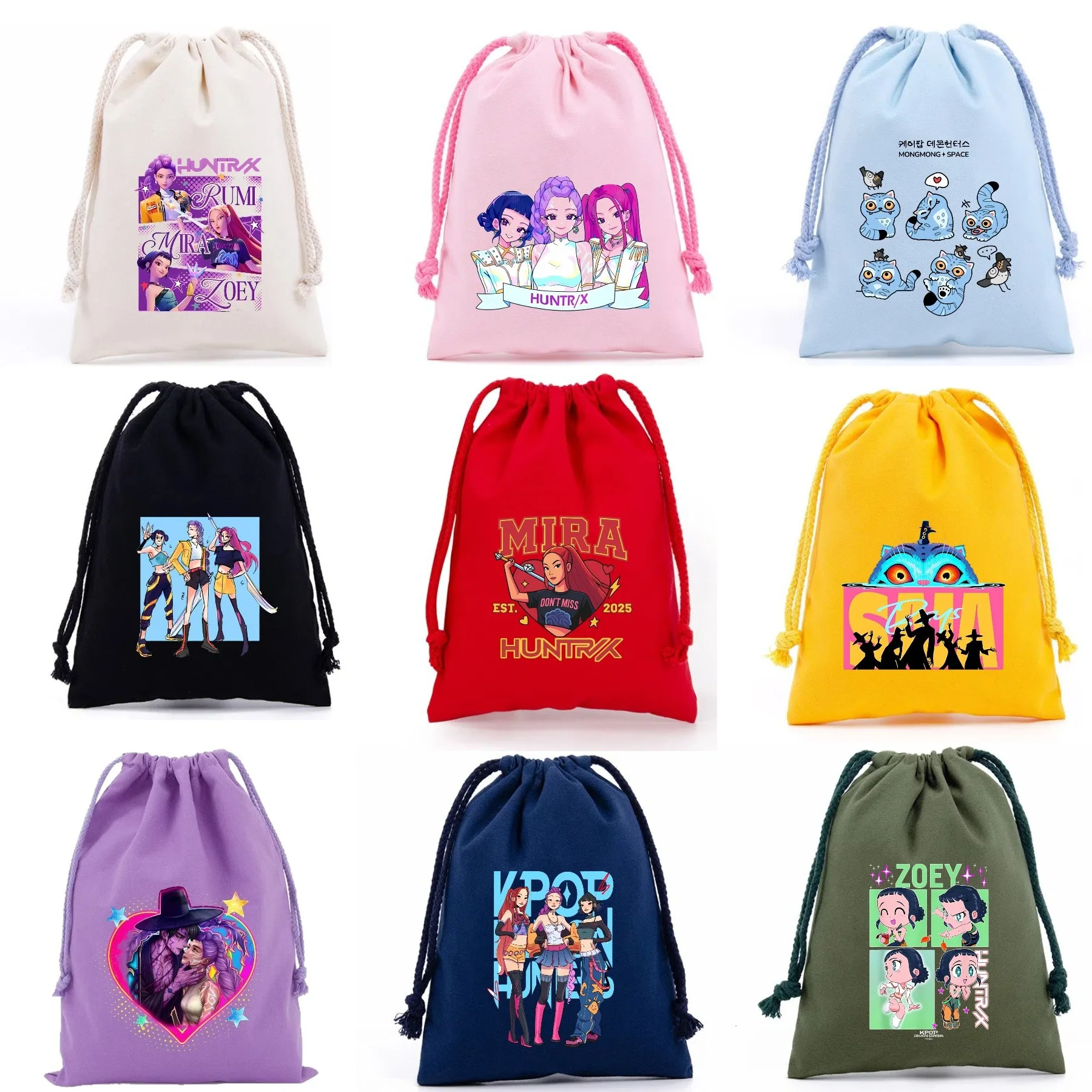 

2PCS KPop Demon Hunters Cartoon canvas Drawstring Bags Jewelry bag canvas Travel Clothing Storage Bag Tote Portable Handbags
