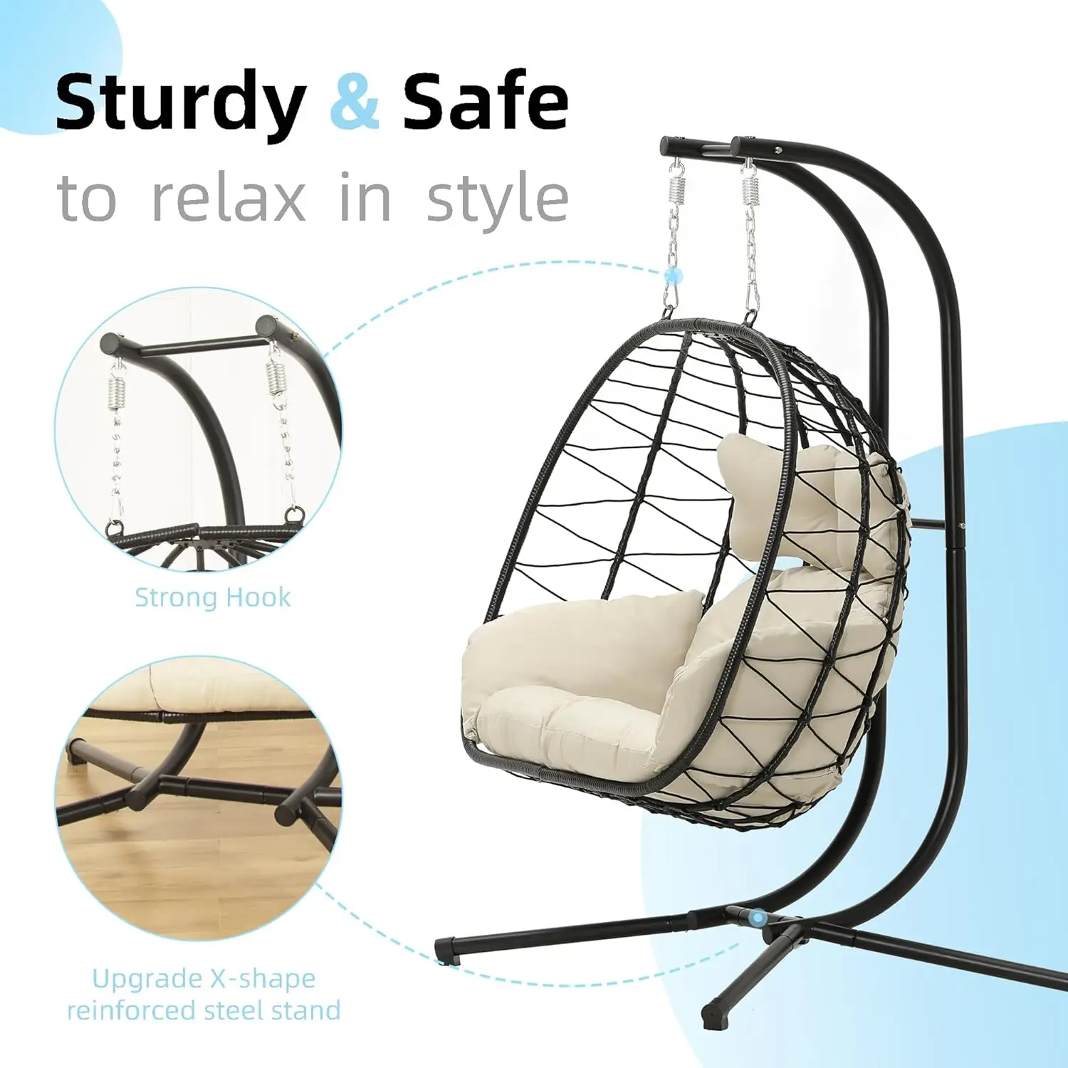 Chair wth Stand Hammock Swing Chair Foldable Hanging Loveseat, UV Resistant Removable Cushions, 700LBS Capacity for B