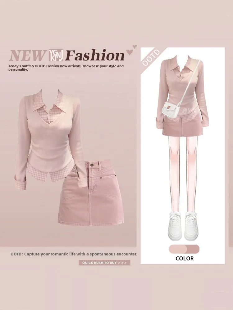 

Pink Plaid Splice Long Sve Top ort Skirt Women's plus Size Slimming Faionable Two-Piece Set High Waist Winter Spring