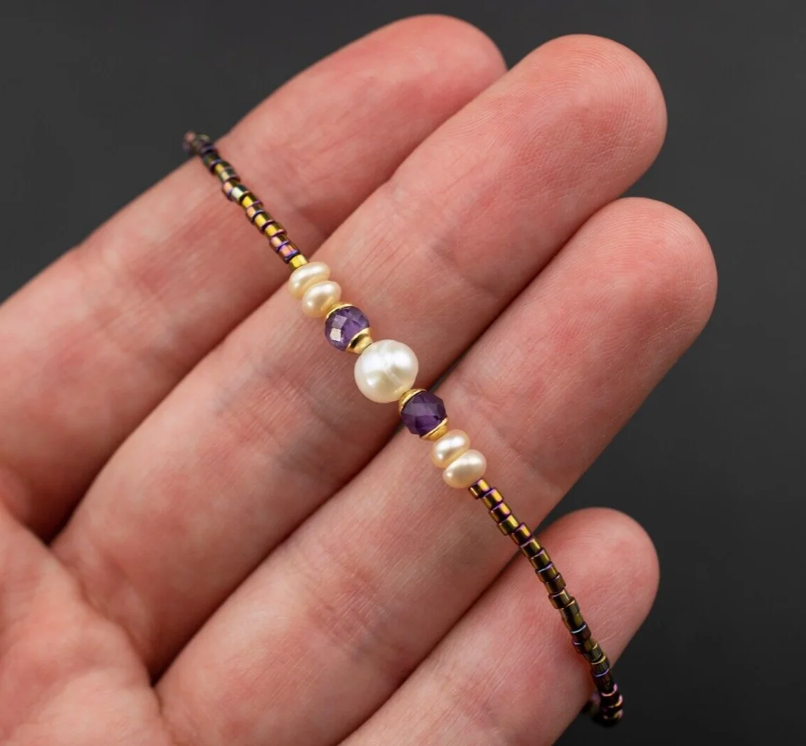 

Multi stone bracelet mismatched amethyst and pearl beaded bracelet Natural Stone Bracelet Amethysts Crystal 4mm Mini Beaded Bang