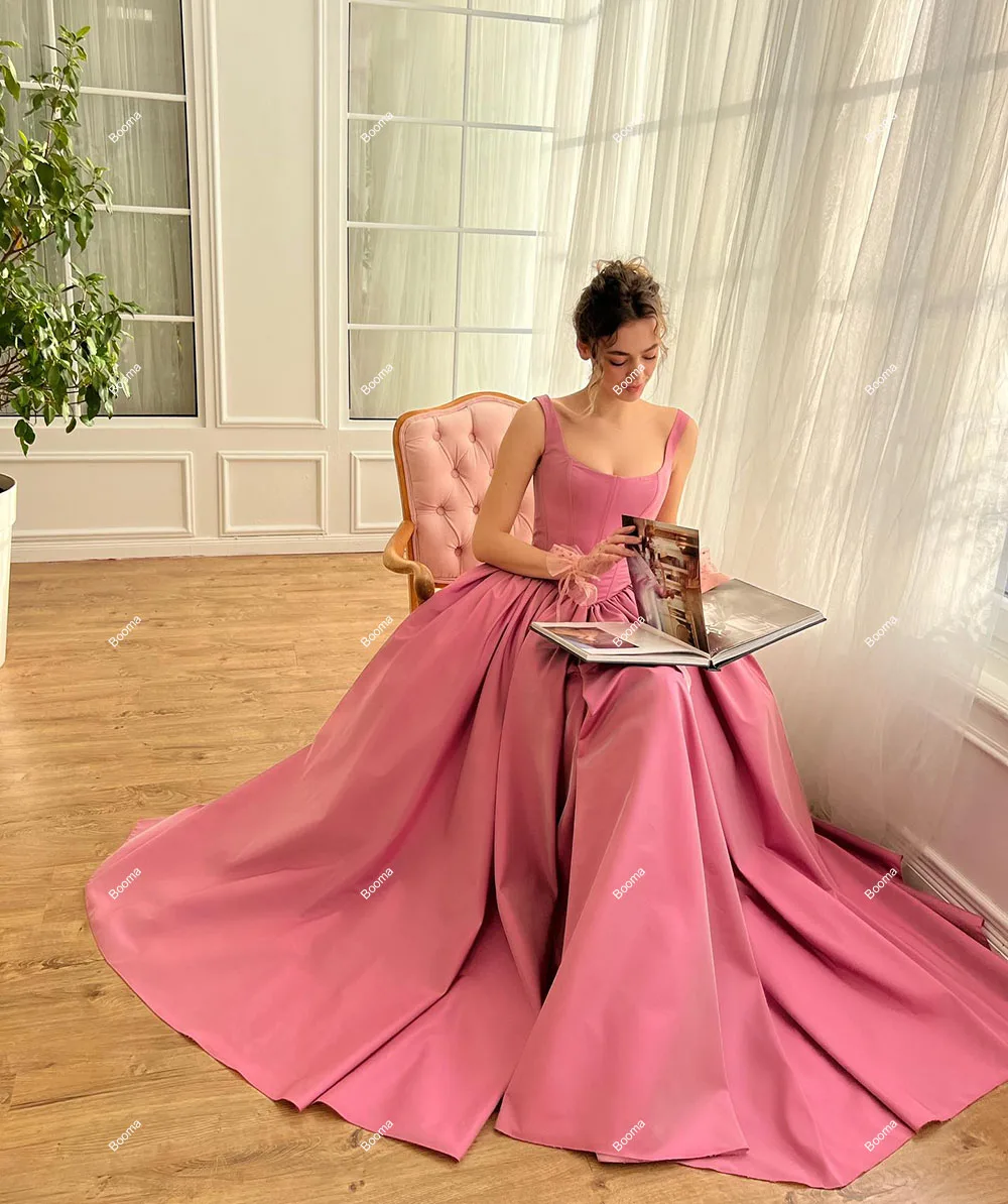 Booma Pink Taffeta A-Line Long Prom Dresses Sleeveless Pleat Graduation Party Dress High Side Slit Evening Gowns for Women