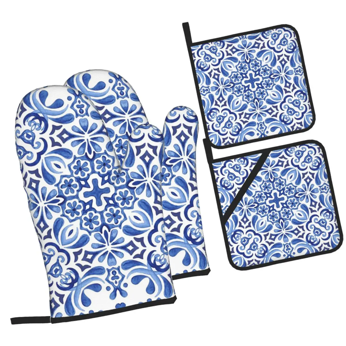 Mediterranean Mosaic Tiles Azulejos Oven Mitts and Pot Holder Sets of 4 for Baking Kitchen Cooking BBQ Resistant Non-Slip Gloves