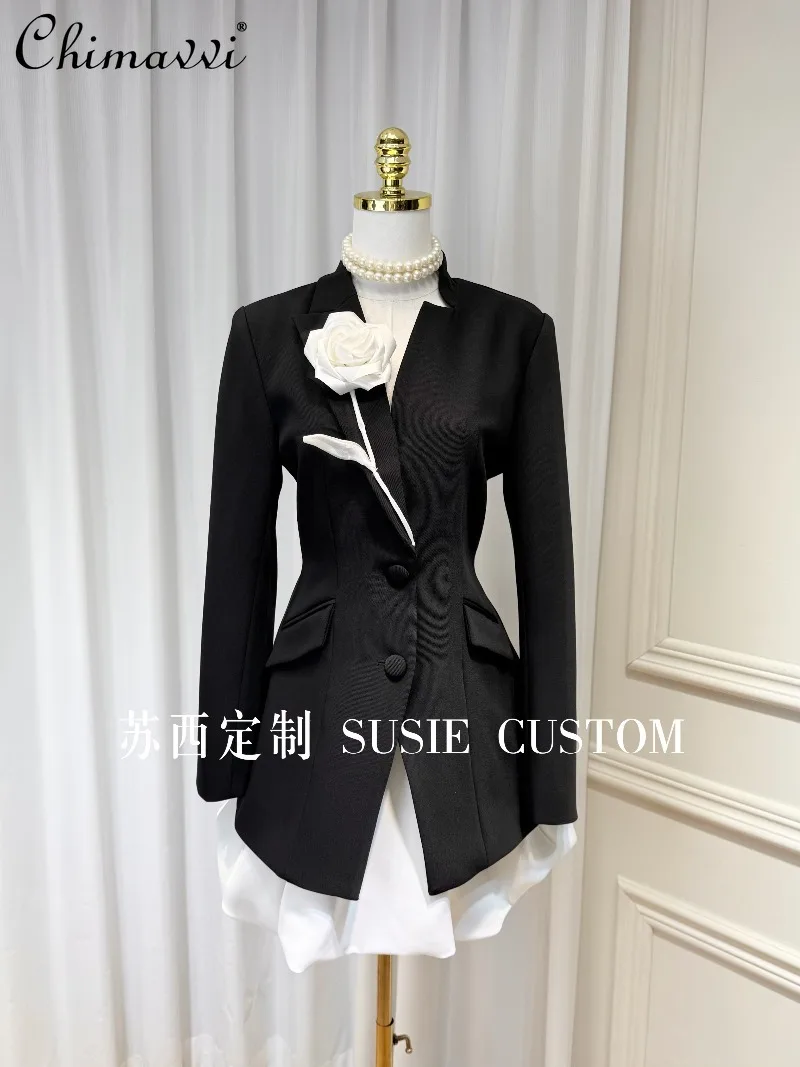 

Fashion 3D Black and White Floral Embellished Waist-cinching Puffy Dress Faux Two-piece Elegant Long-sleeved OL Blazer Dress