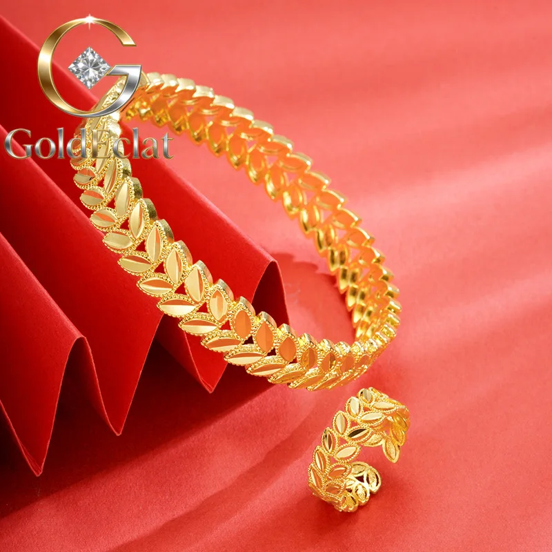 

GoldEclat Luxury 24K 9999 Pure Gold real gold Women's Wheat Bracelet Ring
