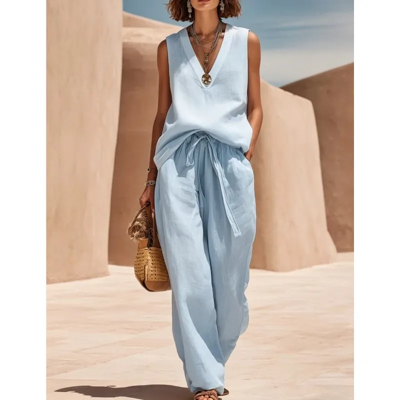 

New Fashion Summer Women's Solid Color Casual 2-Piece Sleeveless V-Neck Top Drawstring Wide Leg Pants Set