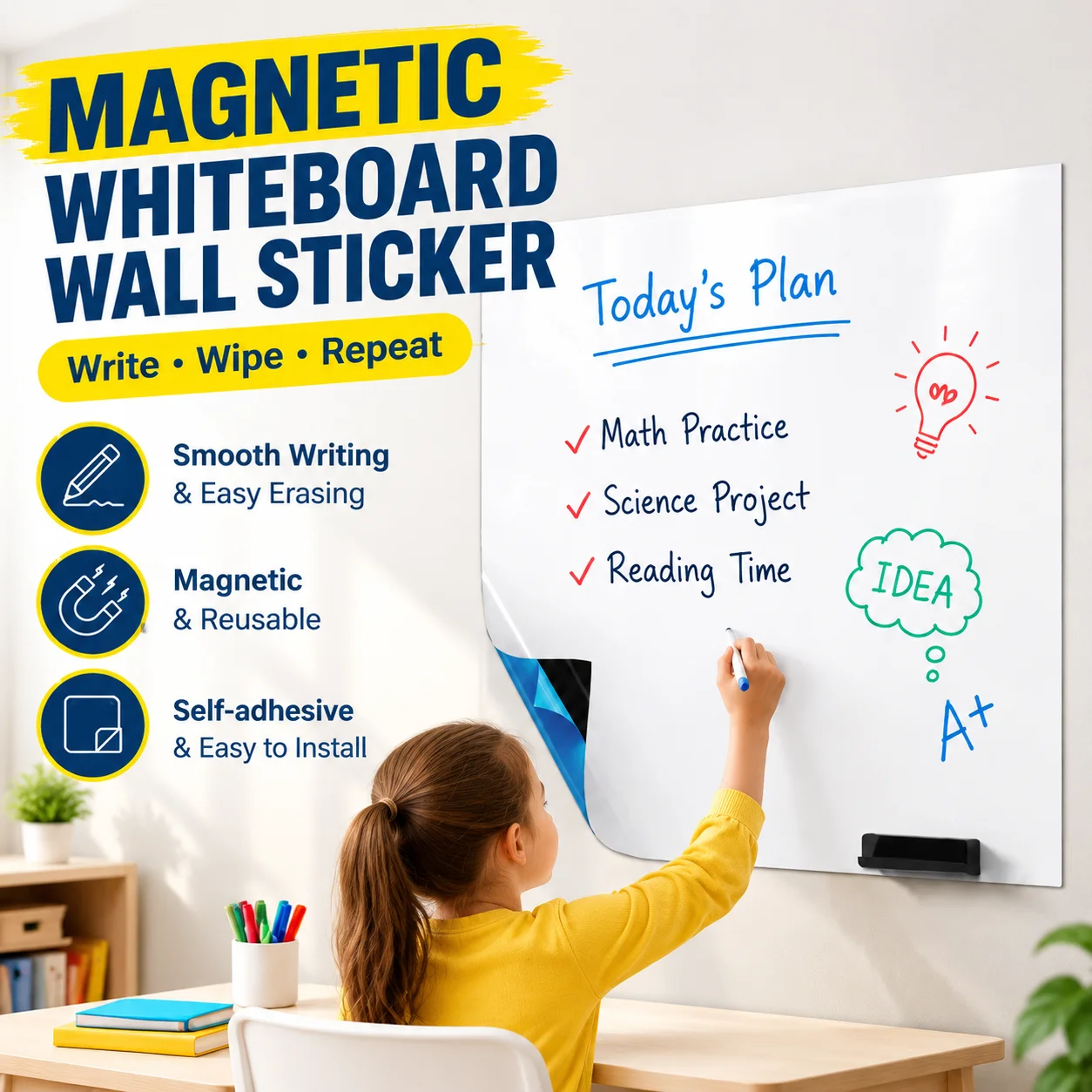 Magnetic Erasable Whiteboard Wall Sticker Self-Adhesive Decal for Home Office Classroom Kids Writing Learning