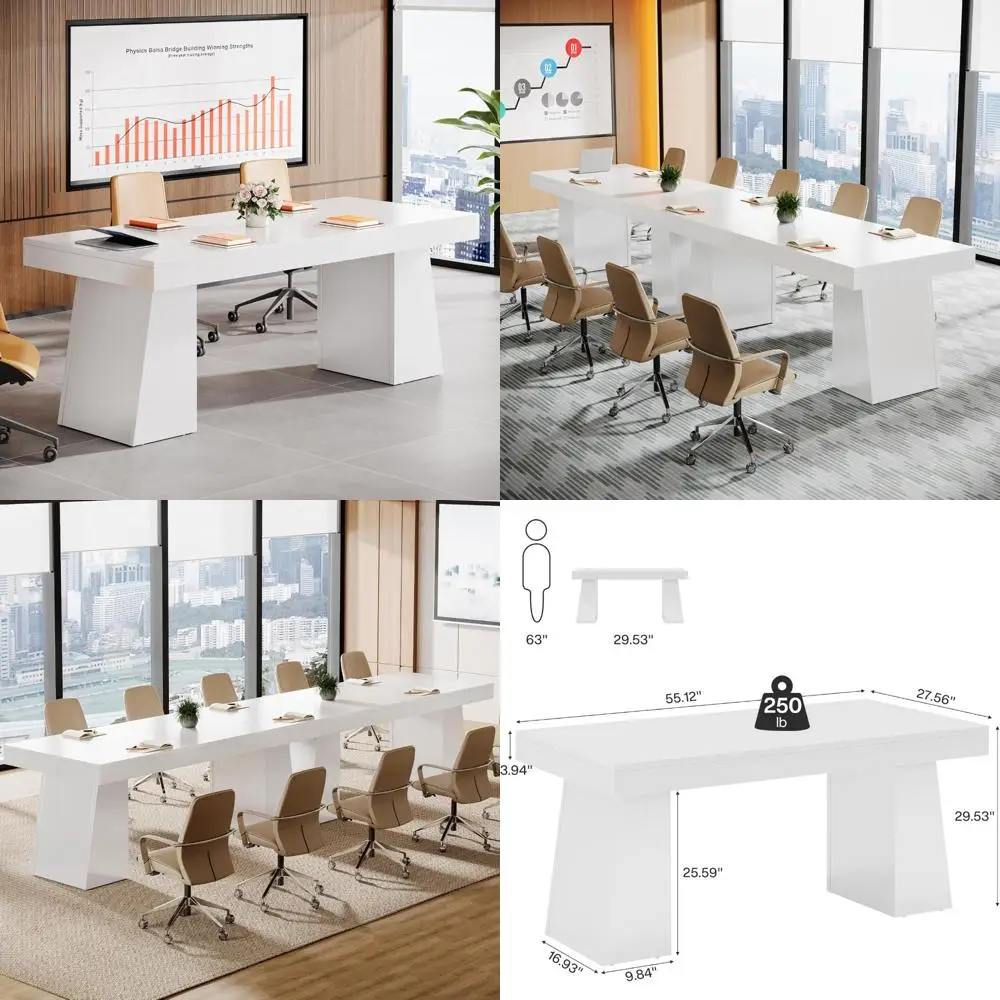 

Conference Table 55.1 W for 4, Thick Tabletop & Double Trapezoidal Legs, Modern Wooden Design, Ideal for Small Meetings