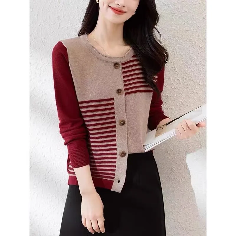 Women Commute Casual Warm Knitwear Autumn Winter Fashion Striped O-neck Knitted Cardigan Soft Comfort Wool Sweaters