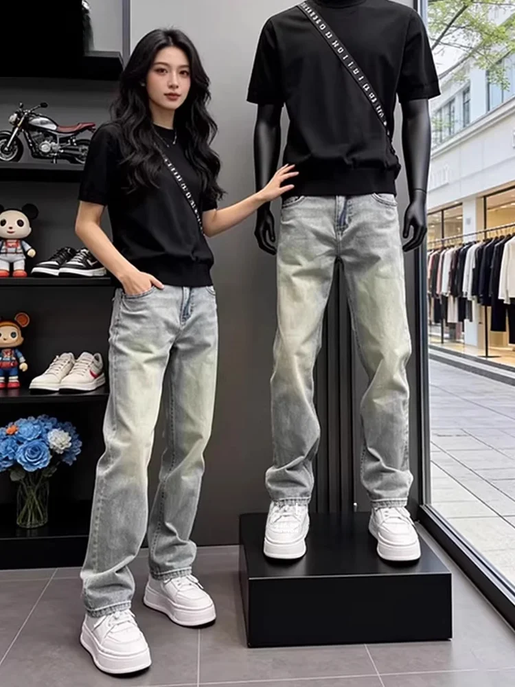 

Light Blue Washed Slim Fit Men's Jeans American Style Summer Skinny Pants Straight Leg Long Trousers for Casual Daily Wear