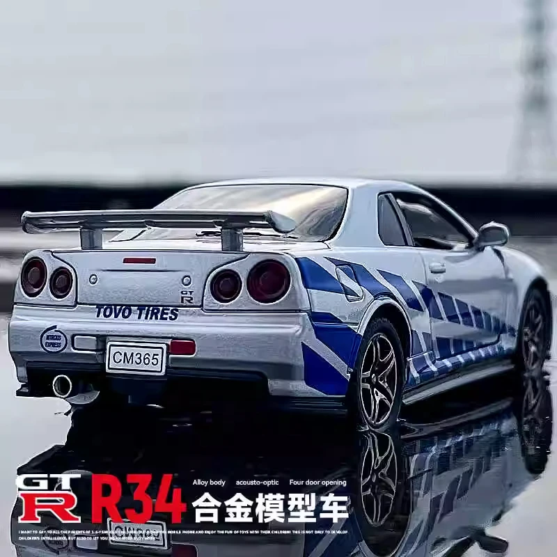 1:32 Nissan GTR R34 Fast & Furious Liga Modelo de Carro Diecasts Brinquedo Com Som e Luz Veículos Decoração Brinquedos Para Crianças Presente A903