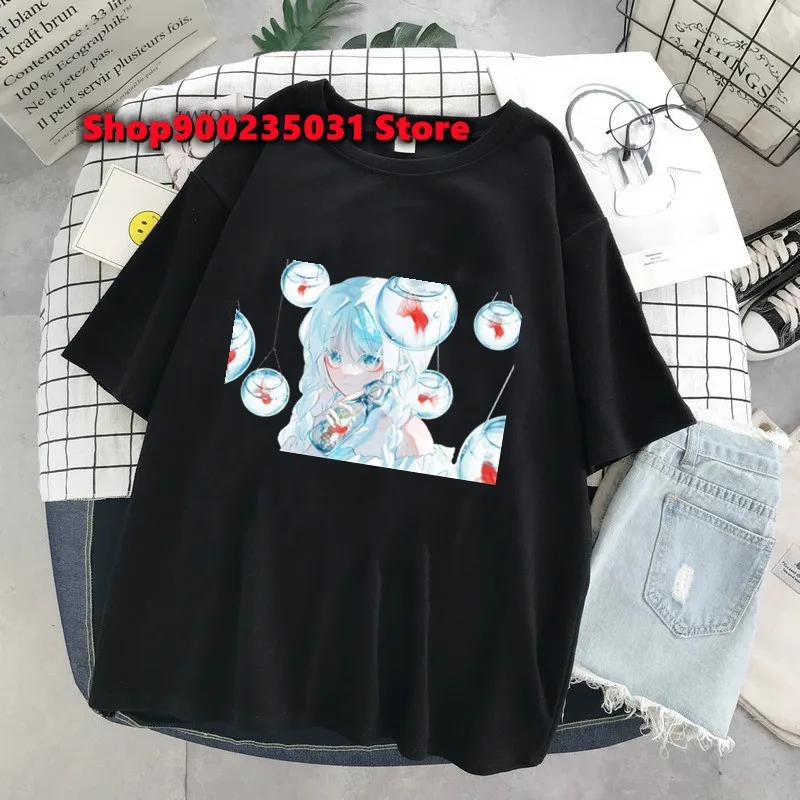 2025 New Anime Bubble Girl Print T Shirts Women's Oversized Black Short Sleeve Harajuku Graphic T-shirt Y2k Tops Summer Couples