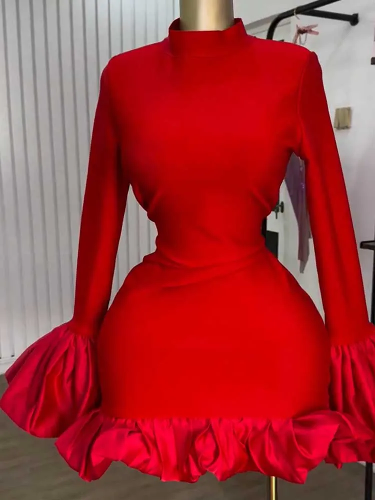 Vestido de cintura alta para mulheres gola festa vermelho midi vestidos com babado em torno feminino primavera sexy e vestido de cintura alta