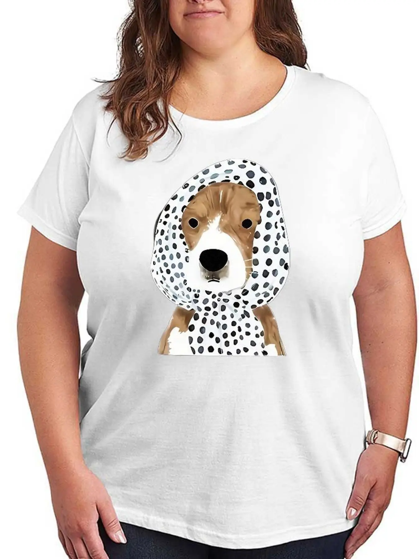 Funny Dog Graphic T Shirt Women Fashion Polka Dot Scarf Puppy Print Tee Stretchy Plus Size Casual Short Sleeve Cotton Summer Tops