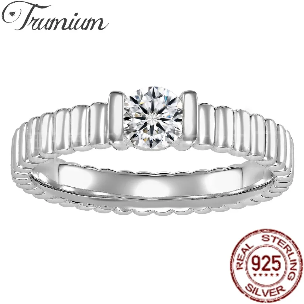 Trumium s925 Sterling Silver Wide Eternal Stackable Finger Rings For Women Vintage Sparkling Ribbed Band Unisex Fine Jewelry