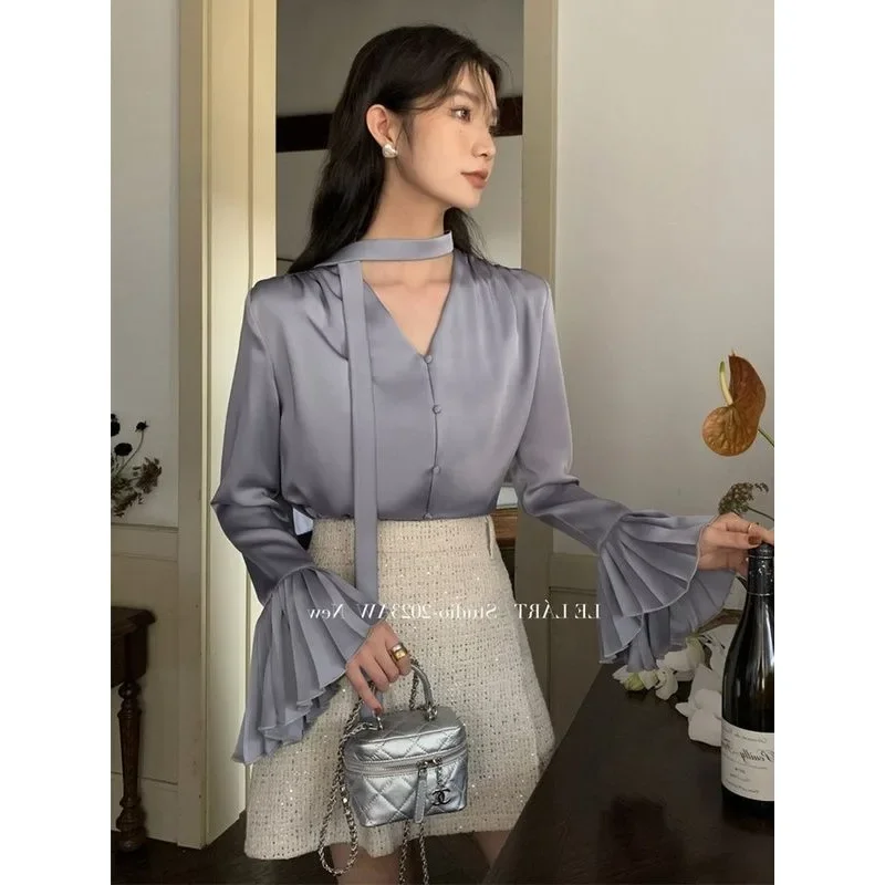 QWEEK Korean Style Luxury Solid Shirts Flared Sleeve Elegant and Youthful Minimalist Blouses Oversized Women's Clothing Autumn