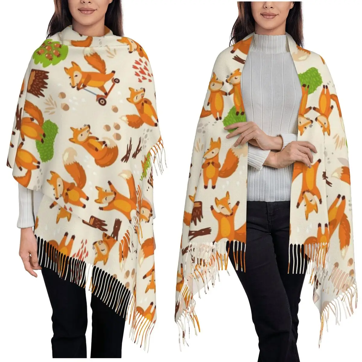 

История натурального танца между дикими лисами Шарф Шарфы с кисточками Женские теплые шали и накидки Большая осенне-зимняя шаль