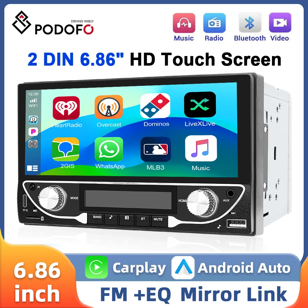 Podofo 6.86inch Carplay Android Auto Car Radio Multimedia Player Mirror Link Bluetooth USB&Type-C Car Stereo 2Din MP5 Player