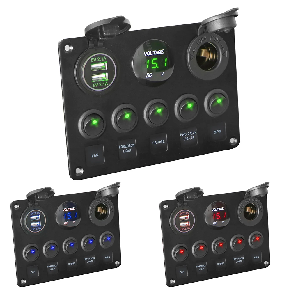 For RV Truck Trailer Car Marine Boat LED Rocker Switch Panel Digital Voltmeter Dual USB Port 12V Outlet Combination Waterproof
