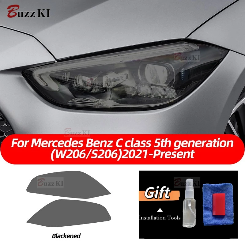 For Mercedes Benz C Class 2022 W206 S206 2 Pcs Car Headlight Protective Film Front Light Transparent Smoked Black TPU Sticker