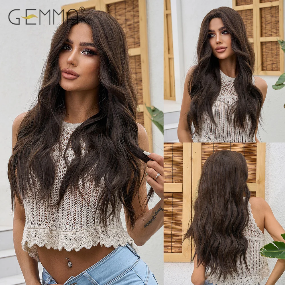 Long Wavy Dark Brown Hair Wig Synthetic Natural Wave Wigs for Balck Women Afro Heat Resistant Cosplay Daily Use Female Wig