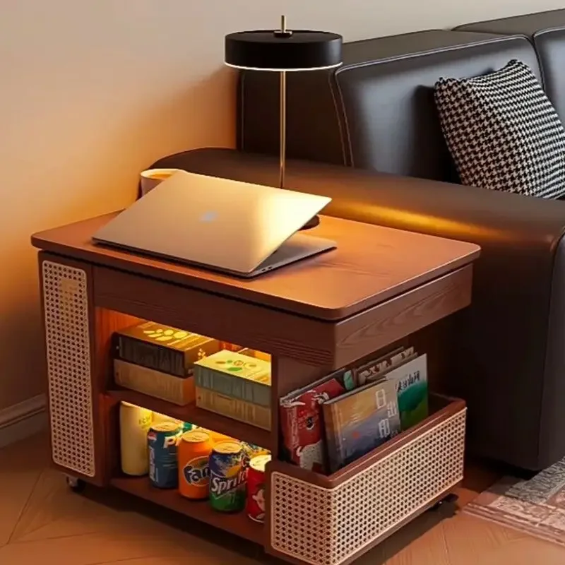 Solid wood lifting coffee table household small apartment sofa side cabinet, mobile living room trolley rotation multi-function