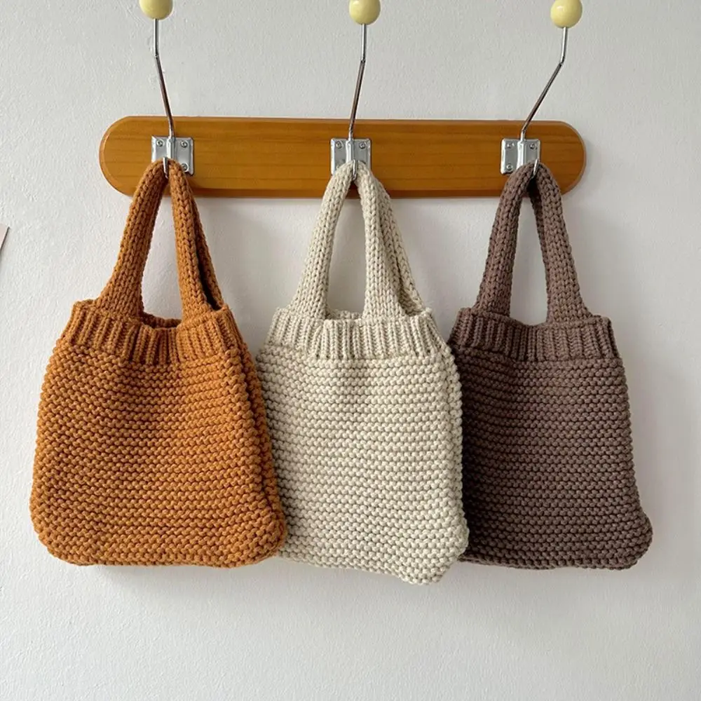 Solid Color Hand-woven Bag New Knit High-capacity Wool Knitting Shoulder Bags Tote Bag Mid-autumn Festival