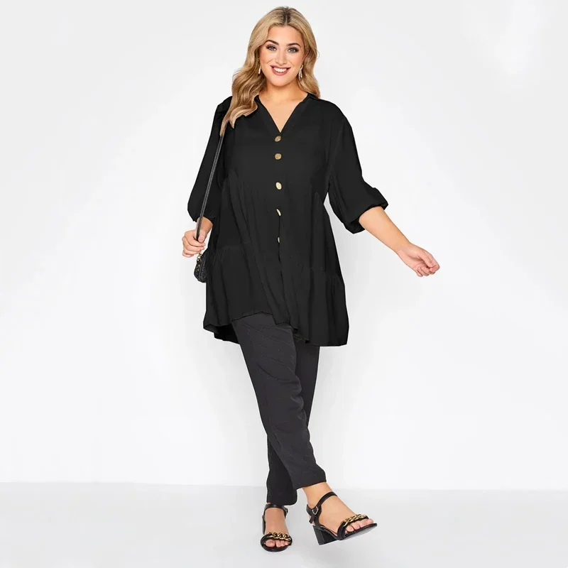 Plus Size Button Down Elegant Spring Autumn Tunic Tops Women 3/4 Sleeve V-neck Smock Blouse Tops Black Loose Tiered T Shirt 6XL