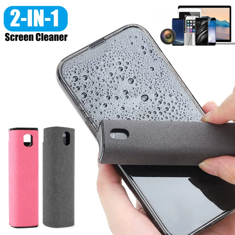 2-IN-1 Phone Screen Cleaner Spray Bottle Computer Screen Dust Removal Microfiber Cloth Wipe Set Cleaning Tools for IPad Iphone