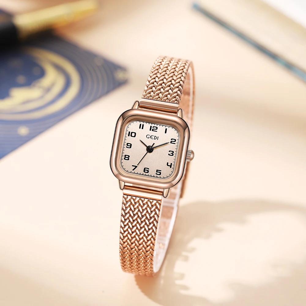 

GEDI Small Dial Ladies Square Watches Luxury Stainless Steel Mesh Strap Arabic Numeral Scale Waterproof Women Quartz Wrist Watch