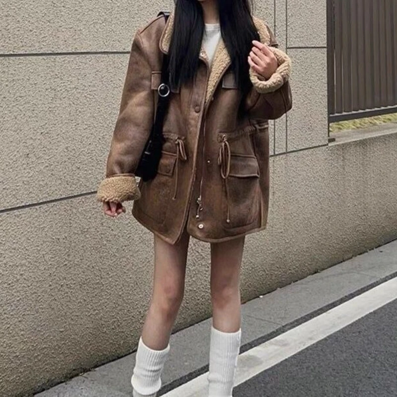 سترة سميكة من صوف الضأن قابلة للعكس للنساء، سترة شتوية فضفاضة من جلد السائق على الطراز العتيق #1