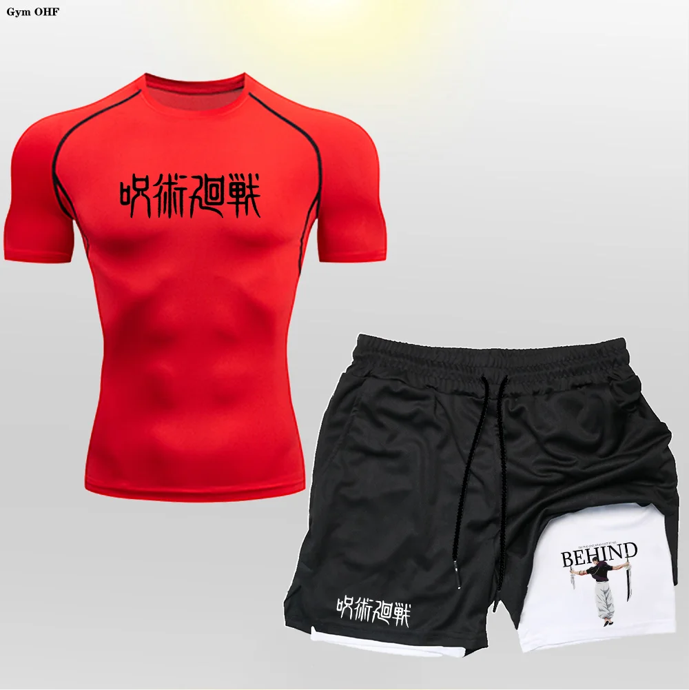 Running Set Men Tracksuit  2 in 1 Shorts Sportswear Men Suits Gym Jogging Trained Anime Jujutsu Kaisen Compression Suit Outdoors