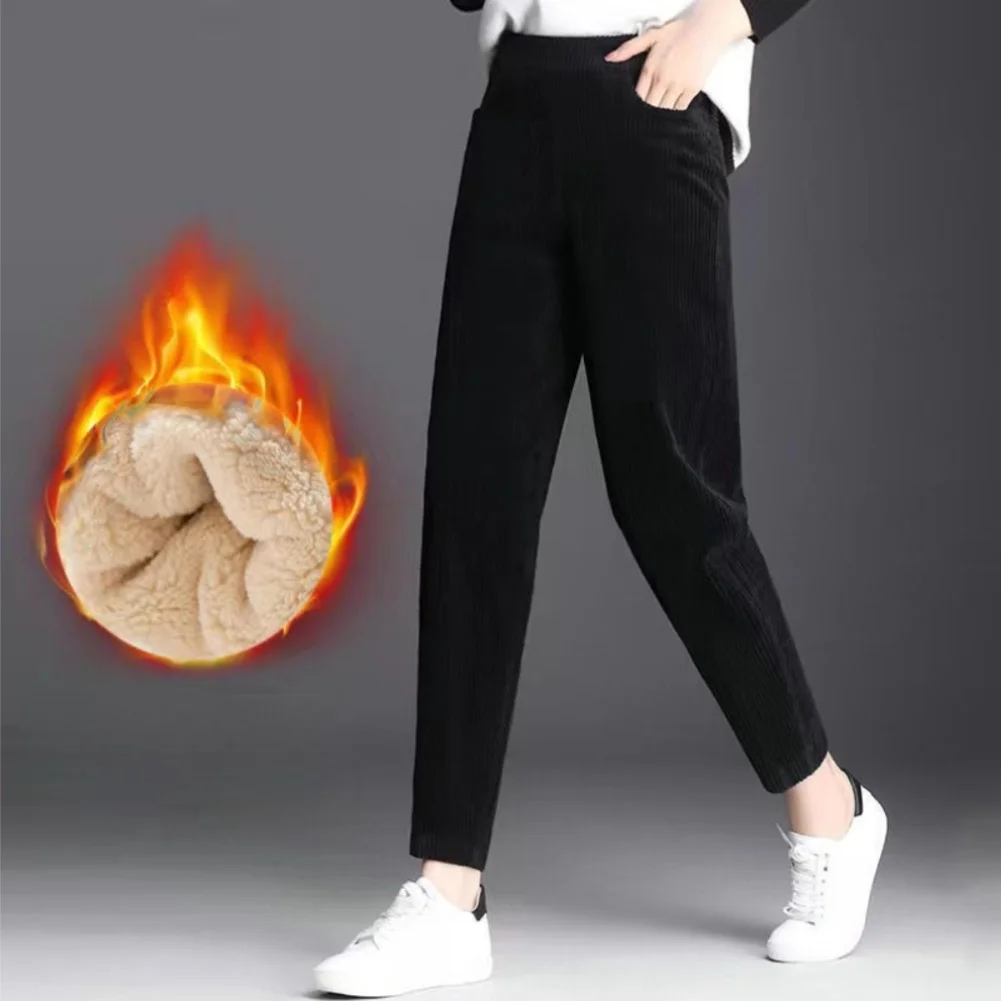 Women's Plush Thickened Corduroy Sweatpants Casual High Waist Pants with Loose Fit and Velvet Texture for Cold Seasons