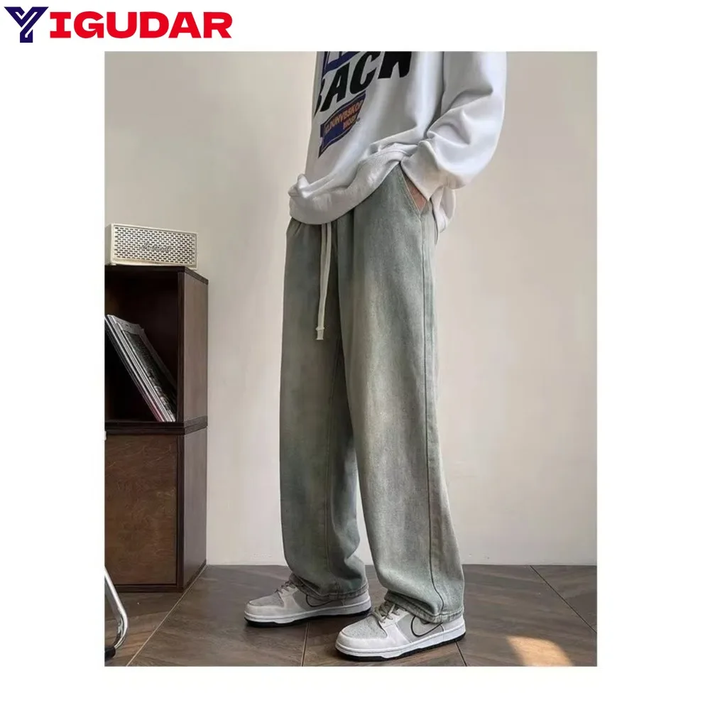 Men's Loose Jeans Summer Soft Thin Fabric Retro Straight Wide-leg Pants Drawstring Elastic Waist Korea Casual Trousers,Y2K