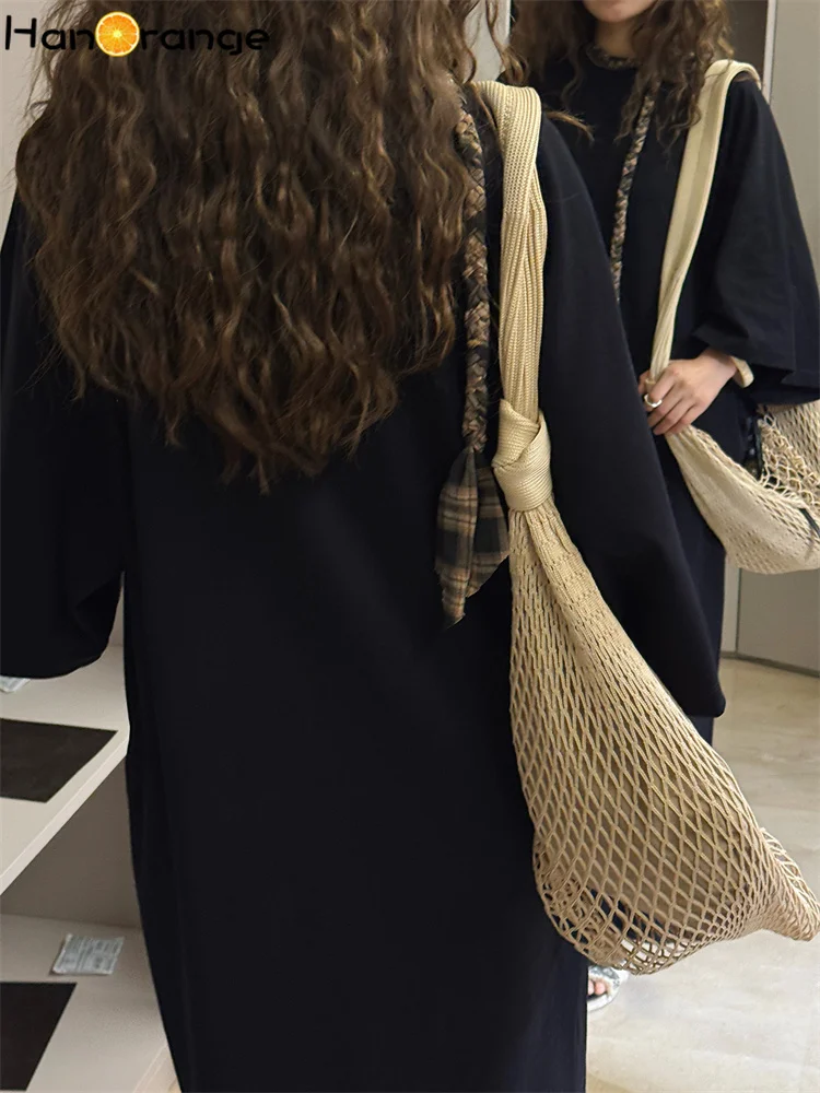 HanOrange 2025 zomer minimalistische ontspannen H-vormige T-shirtjurk effen kleur losse 100% katoenen jurk zwart/mintgroen