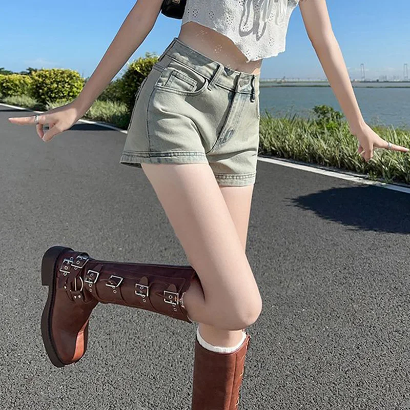 여성용 심플 스트리트웨어 반바지, 여성용 인기 캐주얼 미니 청바지, 빈티지 블루, 하이 웨이스트, 비치 데님 반바지, 여름 패션